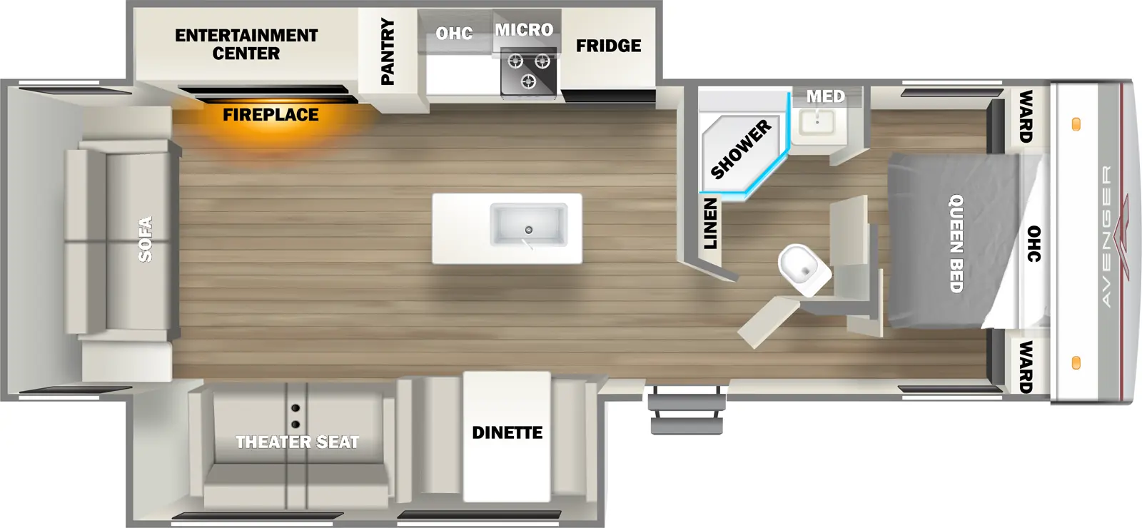 The 28REI has one entry door and two slideouts. Interior layout front to back: foot facing queen bed with overhead cabinet and wardrobes on each side; off-door side full pass through bathroom with linen closet and medicine cabinet; door side entry, and slideout with dinette and theater seat; kitchen island with sink; off-door side slideout with refrigerator, microwave, cooktop, overhead cabinet, pantry, and entertainment center with fireplace below; rear sofa.